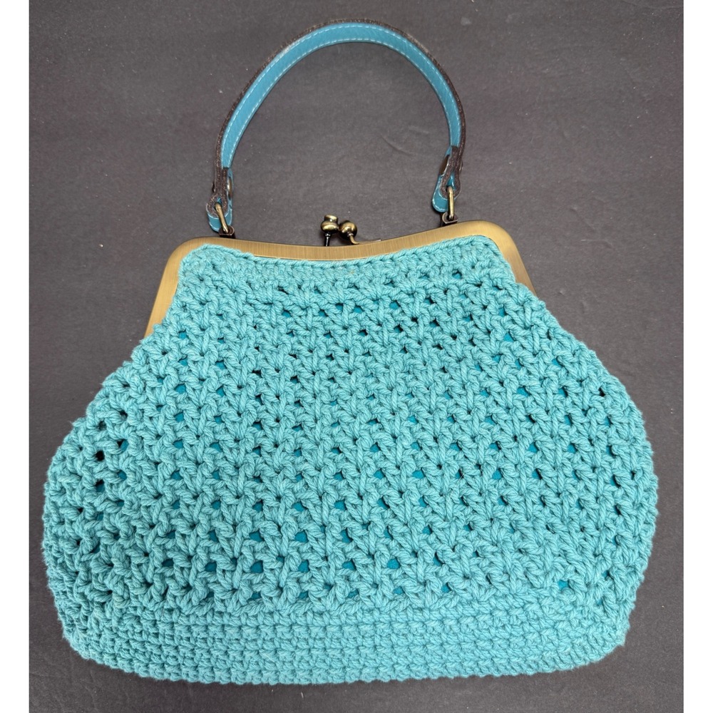 Patricia Nash Crochet Frame Bag Womens Medium Turquoise Blue Kiss Lock Crossbody - Picture 2 of 9